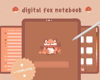 Cute Minimal Fox Digital Notebook With Tabs | Hyperlinked Goodnotes Planner and Journal Templates | Kawaii Woodland Mushroom Theme