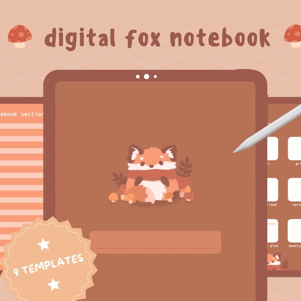 Cute Minimal Fox Digital Notebook With Tabs | Hyperlinked Goodnotes Planner and Journal Templates | Kawaii Woodland Mushroom Theme