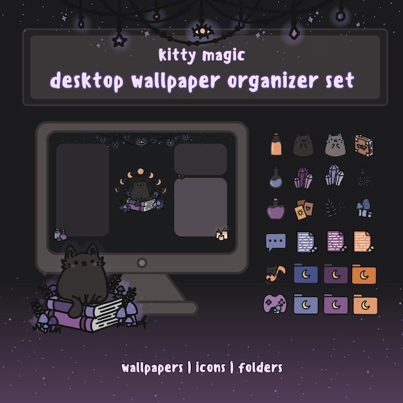 Kitty Magic Computer Desktop Organizer Set | Cute Witchy Wallpaper Theme | Custom Icons for Mac and Windows