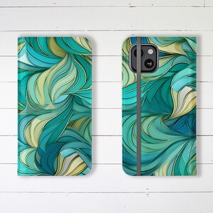Estuche tipo billetera con ranuras para tarjetas de crédito y soporte con diseño abstracto verde, estuche tipo billetera para iPhone, estuche tipo billetera para Samsung Galaxy, ¡perfecto para regalar!