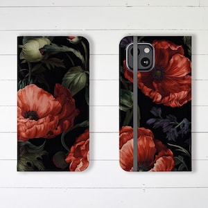 Estuche tipo billetera con ranuras para tarjetas de crédito y soporte Estuche tipo billetera Dark Poppies Estuche tipo billetera para iPhone Estuche tipo billetera Poppy Flowers Estuche tipo billetera para Samsung Galaxy Hermosa
