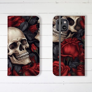 Estuche tipo billetera con rosas rojas y calaveras, ranuras para tarjetas de crédito y soporte, estuche tipo billetera para iPhone, estuche tipo billetera para Samsung Galaxy, perfecto para regalar