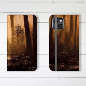 Estuche tipo billetera con ranuras para tarjetas de crédito y soporte para sendero forestal espeluznante, estuche tipo billetera para teléfono iPhone, estuche tipo billetera para Samsung Galaxy, ¡perfecto para regalar!