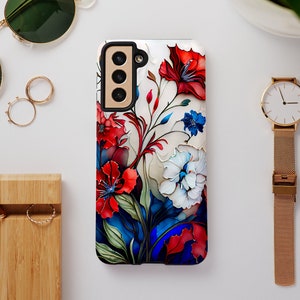 Tough Phone Case Beautiful Red White and Blue Patriotic Floral iPhone Designer Samsung Galaxy Unique Google Pixel Popular Phone Cover