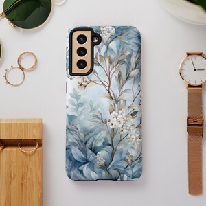 Tough Phone Case Vintage Blue Floral iPhone Phone Case Impact Resistant Samsung Galaxy Phone Case Google Pixel Phone Case Wireless Charging