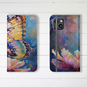 Wallet Phone Case Beautiful Floral Butterfly with Credit Card Slots and Stand iPhone Samsung Galaxy Flower Cover Designer Trending Stylish