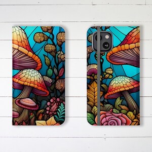 Estuche tipo billetera con diseño de hongos de colores, ranuras para tarjetas y soporte, para iPhone, Samsung Galaxy, elegante y de tendencia.