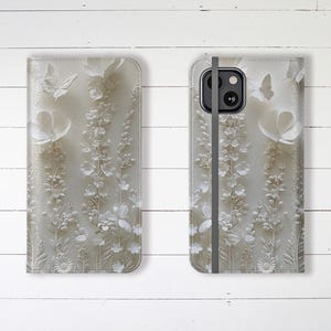 Wallet Phone Case White Flowers and Butterflies with Credit Card Slots and Stand iPhone Samsung Galaxy Floral Cover Designer Stylish
