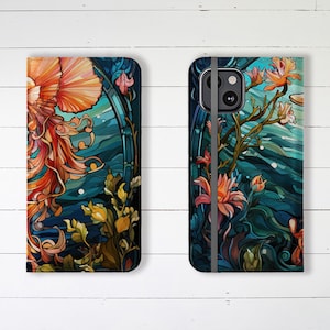 Wallet Phone Case Beautiful Colorful Sea Life with Credit Card Slots and Stand, iPhone Samsung Galaxy Designer Stylish Ocean Wallet Case
