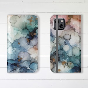 Estuche tipo billetera para teléfono con hermosa pintura al alcohol pastel, ranuras para tarjetas de crédito y soporte, elegante estuche tipo billetera de diseño para iPhone y Samsung Galaxy.