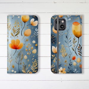Wallet Phone Case Blue Folk Art Florals with Credit Card Slots and Stand, iPhone Samsung Galaxy Designer Stylish Trending Wallet Case