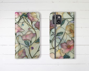 Wallet Phone Case Stained Glass Floral with Credit Card Slots and Stand iPhone Samsung Galaxy Beautiful Stylish Flowers Sturdy Cover