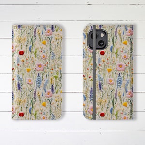 Estuche tipo billetera para teléfono con hermoso bordado de flores silvestres, ranuras para tarjetas de crédito y soporte, estuche tipo billetera de diseño para iPhone y Samsung Galaxy.