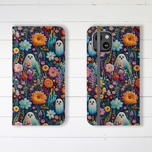 Wallet Phone Case Pretty Flowers and Cute Ghosts with Credit Card Slots and Stand, iPhone Samsung Galaxy Designer Stylish Wallet Case
