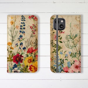Funda tipo cartera para teléfono con diseño vintage de flores silvestres desgastadas, ranuras para tarjetas y soporte, elegante funda tipo cartera de diseño para iPhone y Samsung Galaxy.