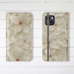 Wallet Phone Case Creamy White Dewey Floral with Credit Card Slots and Stand iPhone Samsung Galaxy Designer Flower Cover Stylish Durable