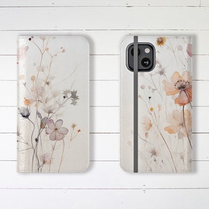 Wallet Phone Case Beautiful Pastel Wildflowers with Credit Card Slots and Stand, iPhone Samsung Galaxy Designer Unique Stylish Wallet Case