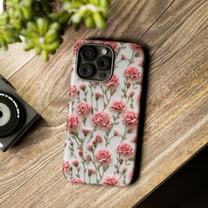 Tough Phone Case Pink Carnations Floral iPhone Wireless Charging Samsung Galaxy Google Pixel Unique Designer Impact Resistant Phone Cover image 3
