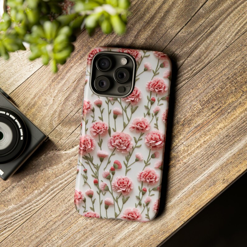 Tough Phone Case Pink Carnations Floral iPhone Wireless Charging Samsung Galaxy Google Pixel Unique Designer Impact Resistant Phone Cover image 3