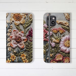 Wallet Phone Case Beautiful Embroidered Look Wildflowers with Credit Card Slots and Stand, iPhone Samsung Galaxy Designer Trending Wallet