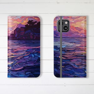 Wallet Phone Case Twilight Ocean Scene with Credit Card Slots and Stand, iPhone Samsung Galaxy Designer Stylish Landscape Wallet Case