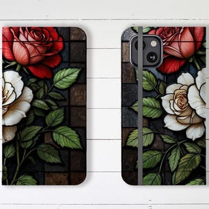 Wallet Phone Case Red & White Roses with Credit Card Slots and Stand iPhone Samsung Galaxy Unique Designer Stylish Wallet Cover