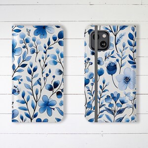 Wallet Phone Case Delicate Beautiful Blue Wildflowers with Credit Card Slots and Stand, iPhone Samsung Galaxy Designer Stylish Wallet Case