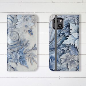Blue Winter Holiday Florals Wallet Phone Case with Credit Card Slots and Stand iPhone Samsung Galaxy Frozen Flowers Designer Winter