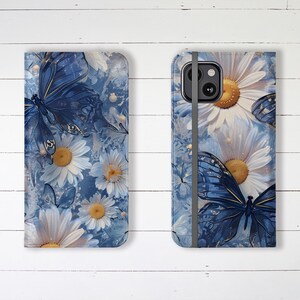 Wallet Phone Case Blue Glass Floral with Credit Card Slots and Stand iPhone Samsung Galaxy Flowers Designer Stylish Durable Trending