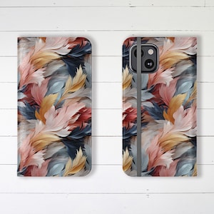 Estuche tipo billetera con ranuras para tarjetas de crédito y soporte Estuche tipo billetera con plumas de colores Estuche tipo billetera para iPhone Estuche tipo billetera hermoso para Samsung Galaxy