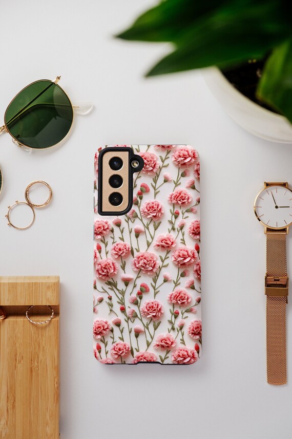 Tough Phone Case Pink Carnations Floral iPhone Wireless Charging Samsung Galaxy Google Pixel Unique Designer Impact Resistant Phone Cover