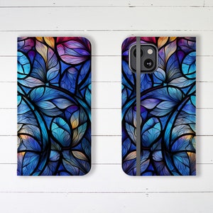 Wallet Phone Case Beautiful Blue Stained Glass with Credit Card Slots and Stand, iPhone Samsung Galaxy Designer Stylish Trending Wallet Case