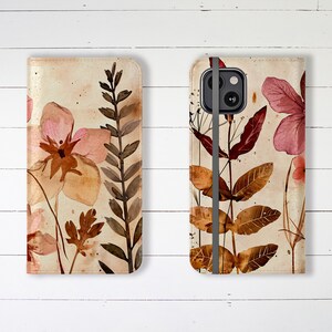 Wallet Phone Case Beautiful Pressed Look Florals with Credit Card Slots and Stand, iPhone Samsung Galaxy Designer Stylish Wallet Case