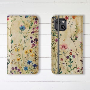 Wallet Phone Case Vintage Distressed Wildflowers with Credit Card Slots and Stand, iPhone Samsung Galaxy Designer Stylish Wallet Case