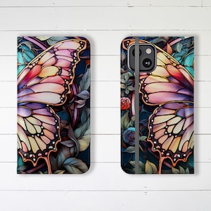 Estuche tipo billetera para teléfono con hermosa mariposa de vidrio de colores con ranuras para tarjetas de crédito y soporte, estuche tipo billetera de diseño para iPhone y Samsung Galaxy.