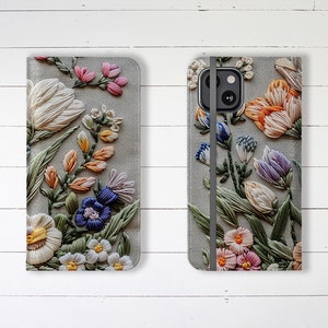 Wallet Phone Case Embroidered Look Wildflowers with Credit Card Slots and Stand, iPhone Samsung Galaxy Designer Unique Beautiful Wallet