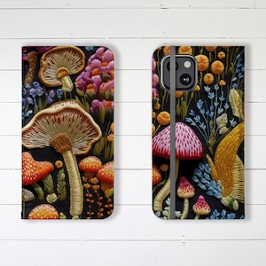 Estuche tipo billetera con diseño de hongos bordados, ranuras para tarjetas y soporte, elegante estuche tipo billetera de diseño para iPhone y Samsung Galaxy.