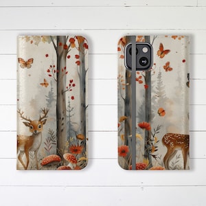 Funda tipo cartera para teléfono con diseño de animales del bosque y ciervos, ranuras para tarjetas y soporte, para iPhone y Samsung Galaxy.