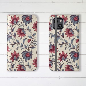 Wallet Case with Credit Card Slots and Stand Floral Folk Art Wallet Case iPhone Wallet Case Beautiful Samsung Galaxy Wallet Case