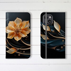 Wallet Phone Case Sleek Modern Black and Gold Floral with Credit Card Slots and Stand, iPhone Samsung Galaxy Designer Stylish Wallet Case