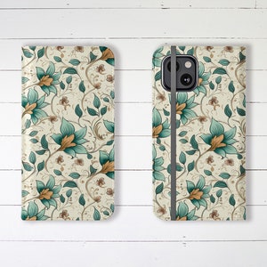 Wallet Case with Credit Card Slots and Stand Floral Folk Art Wallet Case iPhone Wallet Case Beautiful Samsung Galaxy Wallet Case