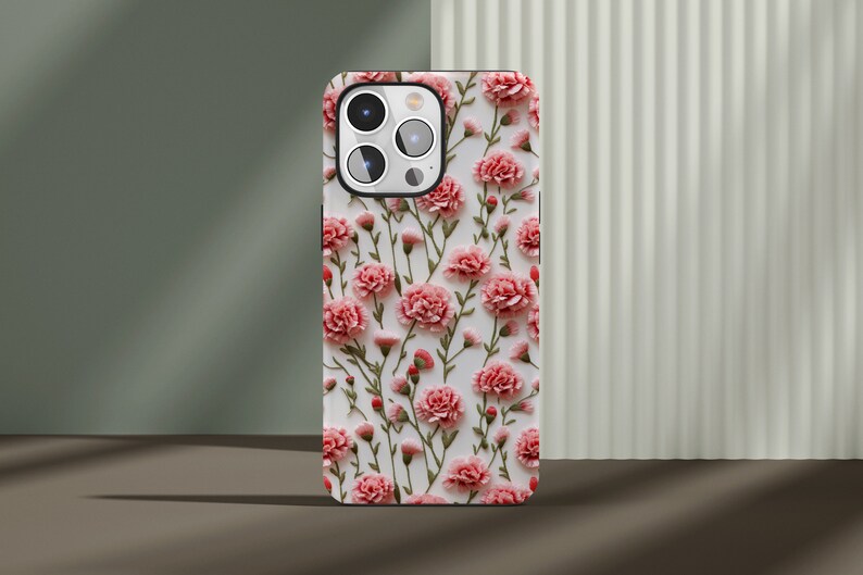 Tough Phone Case Pink Carnations Floral iPhone Wireless Charging Samsung Galaxy Google Pixel Unique Designer Impact Resistant Phone Cover image 2