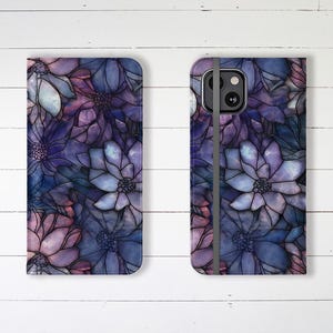 Wallet Phone Case Blue and Purple Stained Glass with Credit Card Slots and Stand, iPhone Samsung Galaxy Unique Stylish Designer Sturdy Cover