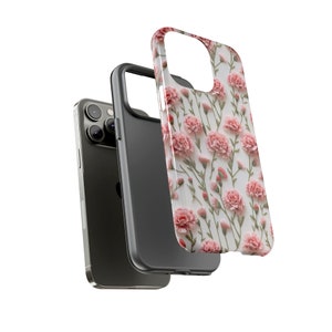 Tough Phone Case Pink Carnations Floral iPhone Wireless Charging Samsung Galaxy Google Pixel Unique Designer Impact Resistant Phone Cover image 5