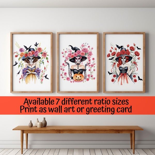 Colorful Sugar scull woman Set of 3 prints, La Calavera Catrina watercolor wall art digital download, elegant skeleton lady with flowers