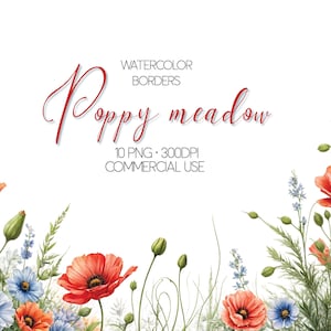 Poppy Borders, Watercolor Flower Clipart, Summer Wildflower Meadow PNG, Red poppy, Transparent Background, Wedding Clipart, Digital Download