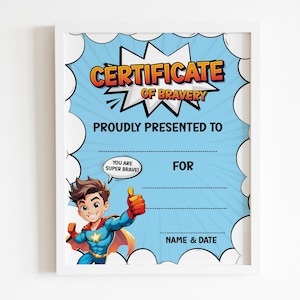 Tapferkeitsurkunde mit Superheld, Leistungsdiplom im Comic-Stil für Kinder, mutiger Junge Poster, druckbare digitale Download Vorlage