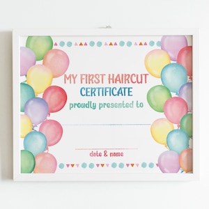 Certificado de primer corte de pelo, plantilla de diploma, primera visita a peluquero, corte de pelo de niño, niña, recuerdo de niño pequeño, descarga digital, imprimible