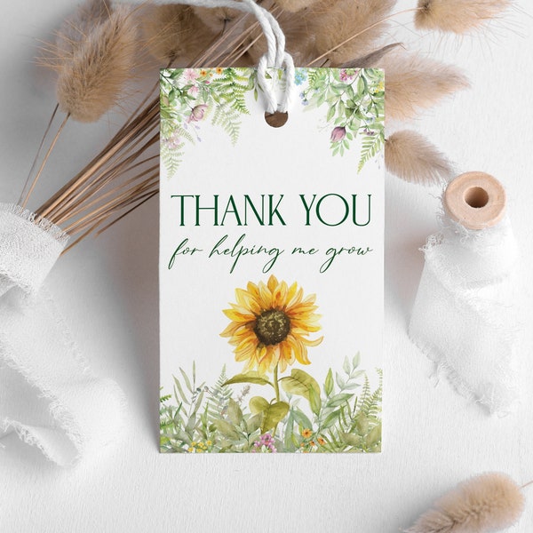 Thank you for helping me grow tag with sunflower, printable floral favor tags 3,5x2, appreciation label for teacher, watercolor wildflowers