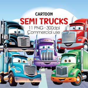Semi Truck PNG Cartoon, Truck Clipart for Kids, descarga digital, alta calidad, imágenes prediseñadas de 18 ruedas, impresiones divertidas para niños, diseño de sublimación